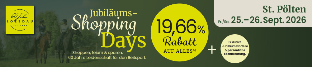 Jubiläums-Shopping Days. Shoppen, feiern & sparen. 19,66 % auf alles⁶. St. Pölten 25.09. + 26.09.2026. Exklusive Vorteile und persönliche Beratung.