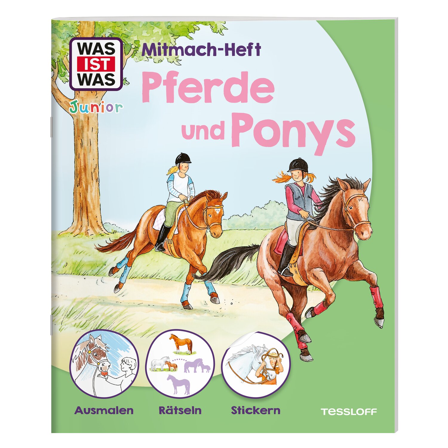 WAS IST WAS Junior Mitmach-Heft Pferde und Ponys - Spiele, Rätsel, Sticker – Ansicht 1