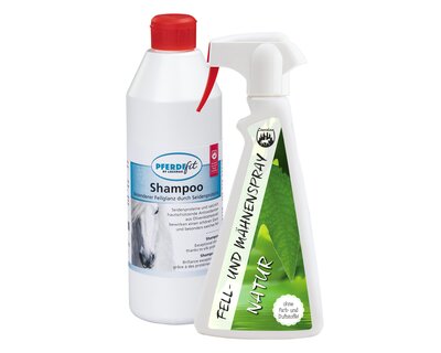 PFERDEfit by Loesdau Set Mähnen und Fellpflege - Shampoo und Mähnenspray Naturell
