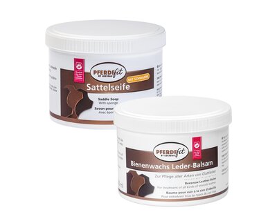 PFERDEfit by Loesdau Set Leder - Bienenwachs-Lederbalsam und Sattelseife mit Schwamm