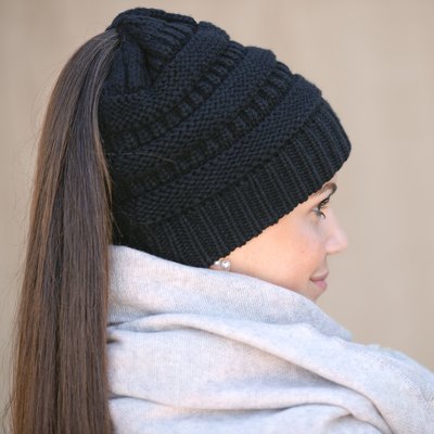 black forest Strickmütze für Haarzopf 