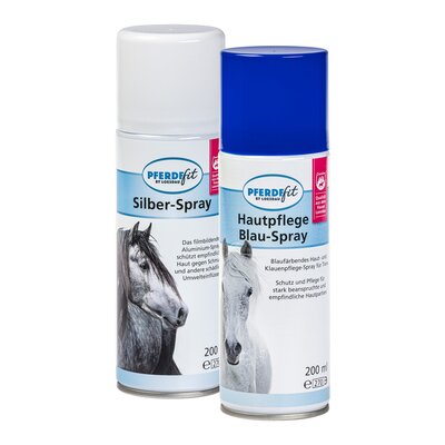 PFERDEfit by Loesdau Set Erste HIlfe, Silber-/Aluminiumspray + Hautpflege Blau-Spray-Set – Ansicht 1
