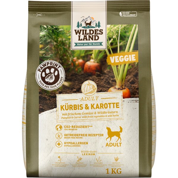 WILDES LAND Trockenfutter PawPrint Veggi Adult 1 kg | Kürbis & Karotte
