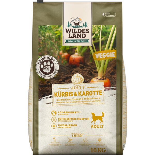 WILDES LAND Trockenfutter PawPrint Veggi Adult 10 kg | Kürbis & Karotte